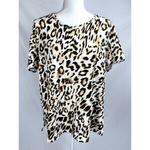 Chico’s Shirt Women Sz 3 (XL)  Brown Animal Print Short Sleeve Top Cotton